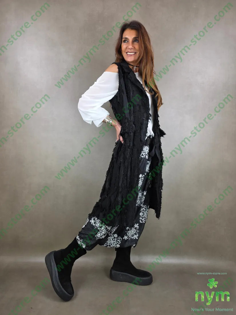 gilet lungo tessuto sfrangiato lurex 32vi28pl28co12pa U / NERO / PE26 CAPOSPALLA