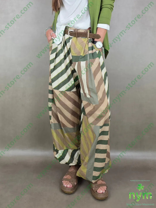 pantalone fantasia riga ela fondo 100co - U / VERDE / PE26 - PANTALONE
