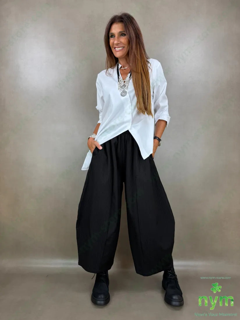 pantalone largo tessuto simil rigato 45co55pl - U / NERO / AI26 - PANTALONE