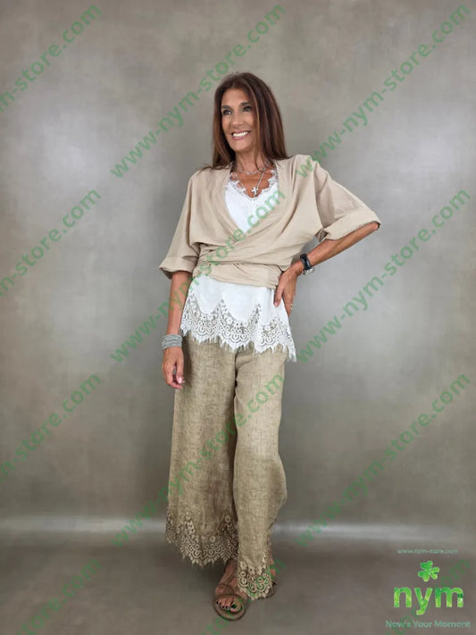 pantalone lino pizzo ondulato 100li - PANTALONE