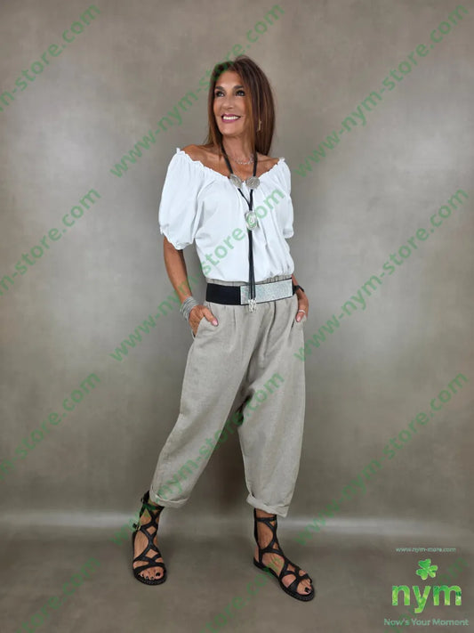 pantalone misto lino con elastico triangolo 56vi34li10pl - PANTALONE