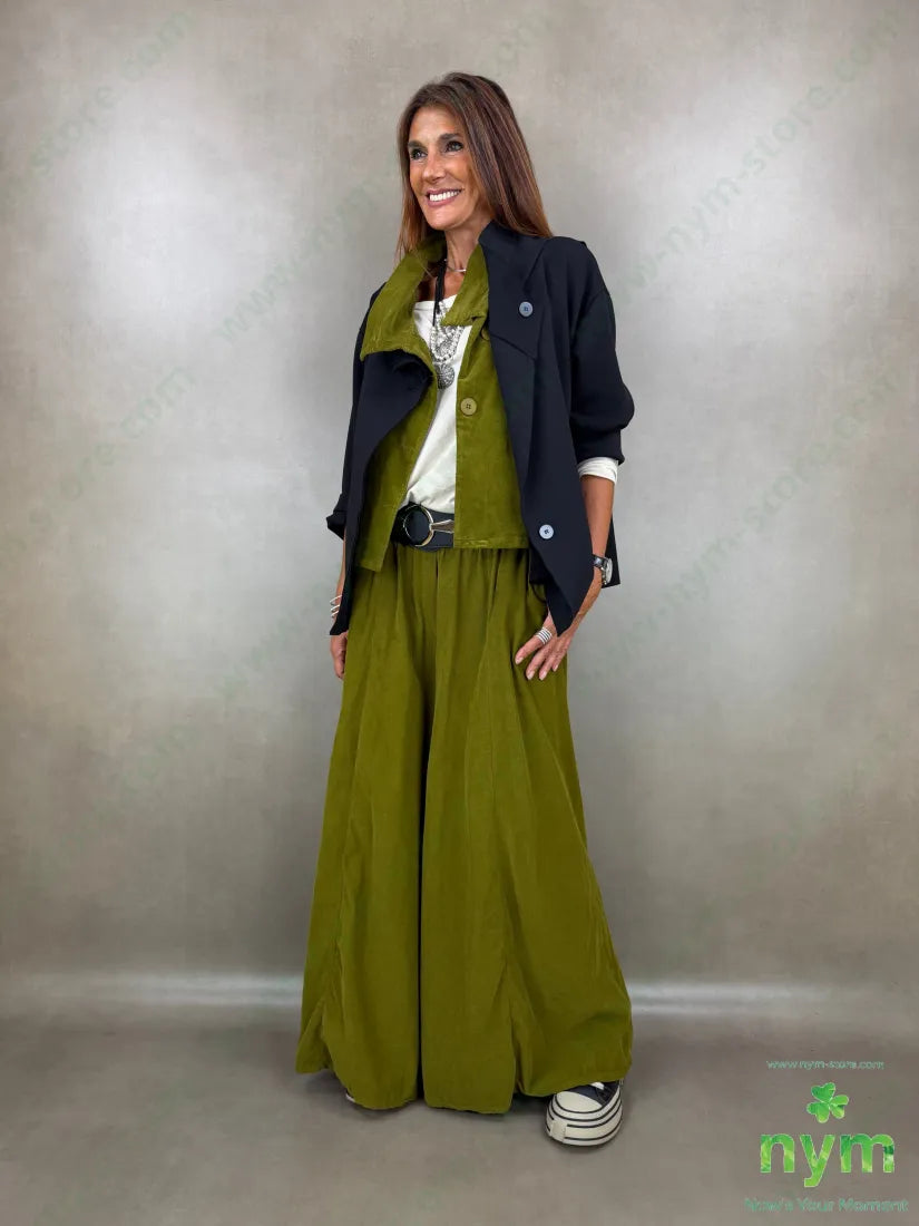 pantalone palazzo velluto millerighe 100co - U / OLIO / AI26 - PANTALONE