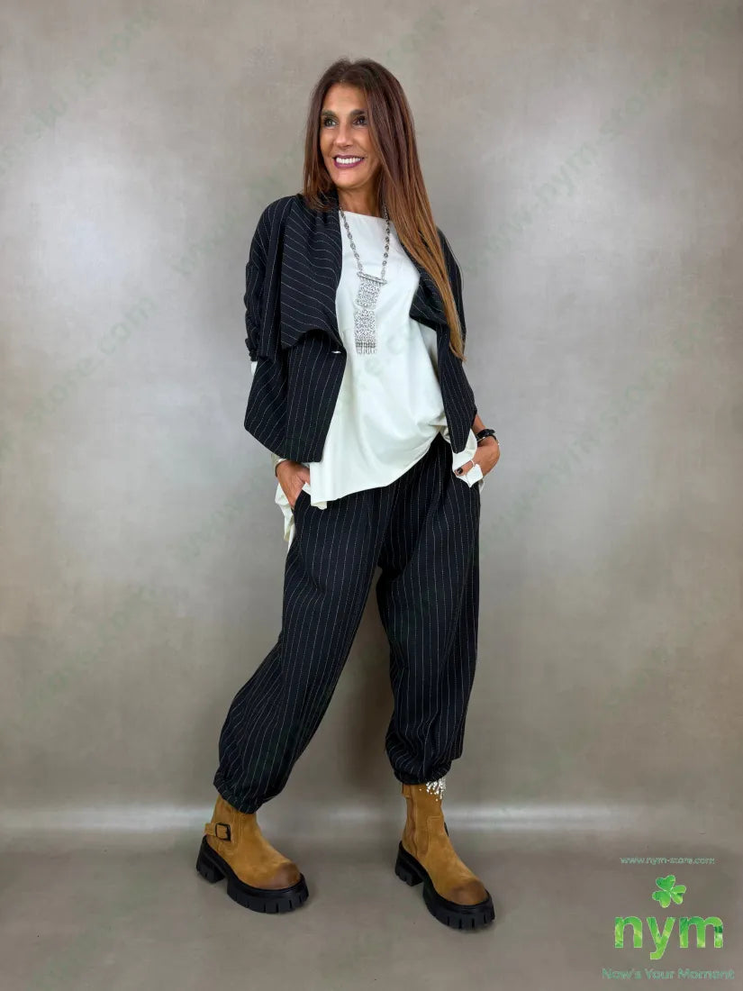 Pantalone pinces fondo gessato tratti 80co20pl - U / NERO / AI26 - PANTALONE