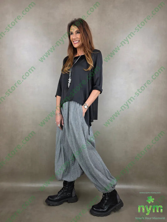 pantalone tessuto vichy cotone elastico 100co U / NERO / PE26 PANTALONE