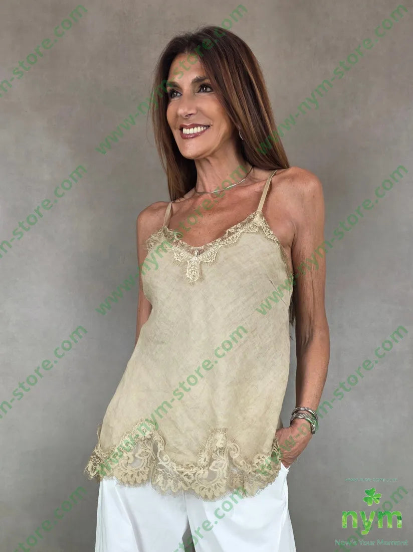 canotta lino con pizzo 100li - U / CAMMELLO / PE26 - TOP