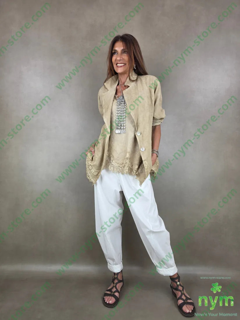 canotta lino con pizzo 100li - U / CAMMELLO / PE26 - TOP
