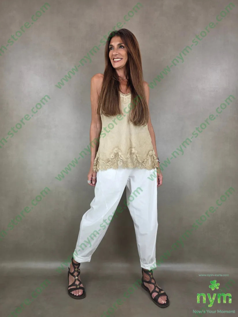 canotta lino con pizzo 100li - U / CAMMELLO / PE26 - TOP