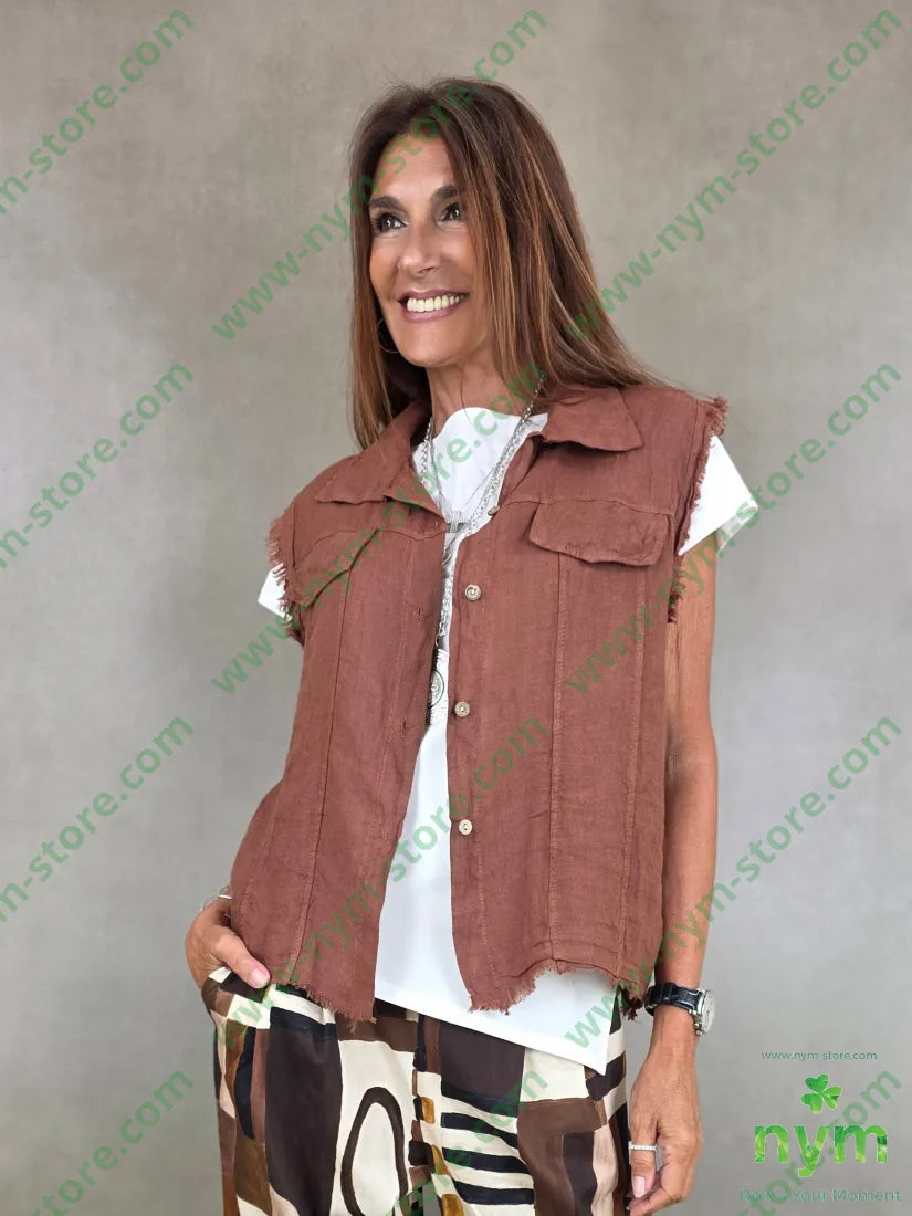 gilet con taschino finto puro lino 100li - U / RUGGINE / PE26 - CAPOSPALLA