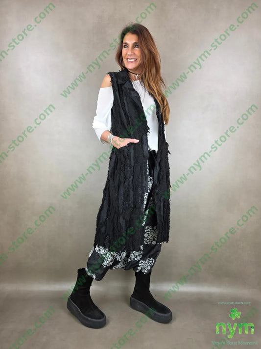 gilet lungo tessuto sfrangiato lurex 32vi28pl28co12pa U / NERO / PE26 CAPOSPALLA