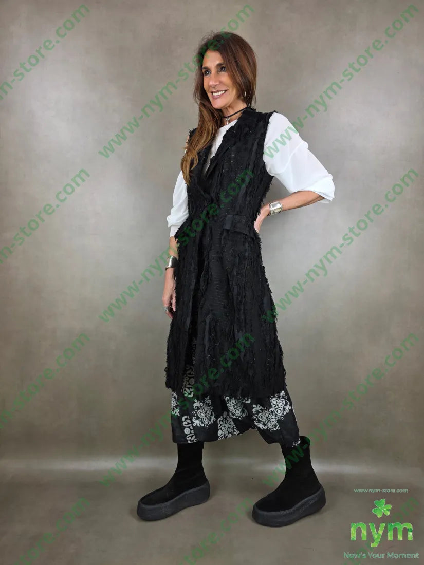 gilet lungo tessuto sfrangiato lurex 32vi28pl28co12pa U / NERO / PE26 CAPOSPALLA