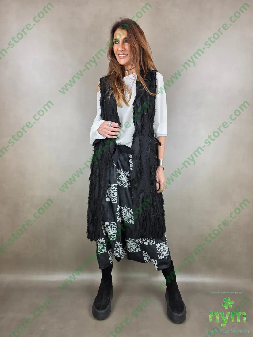 gilet lungo tessuto sfrangiato lurex 32vi28pl28co12pa U / NERO / PE26 CAPOSPALLA