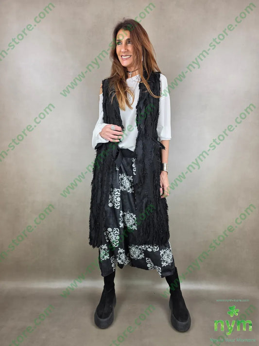 gilet lungo tessuto sfrangiato lurex 32vi28pl28co12pa U / NERO / PE26 CAPOSPALLA