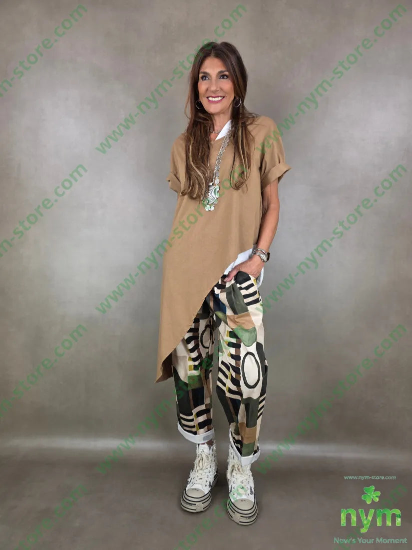 pantalone fantasia astratta tessuto elasticizzato 100co - U / VERDE / PE26 - PANTALONE