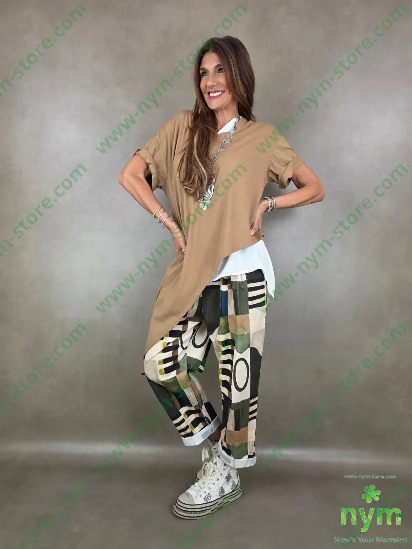 pantalone fantasia astratta tessuto elasticizzato 100co - U / VERDE / PE26 - PANTALONE