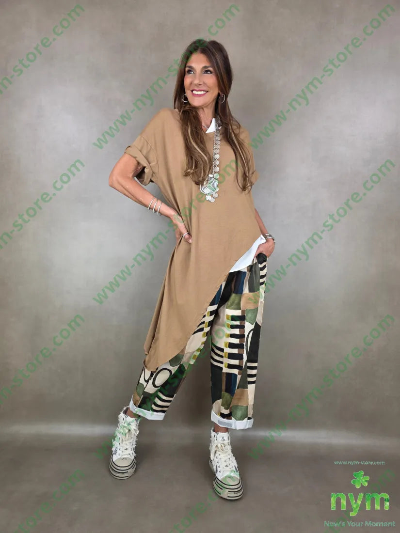 pantalone fantasia astratta tessuto elasticizzato 100co - U / VERDE / PE26 - PANTALONE