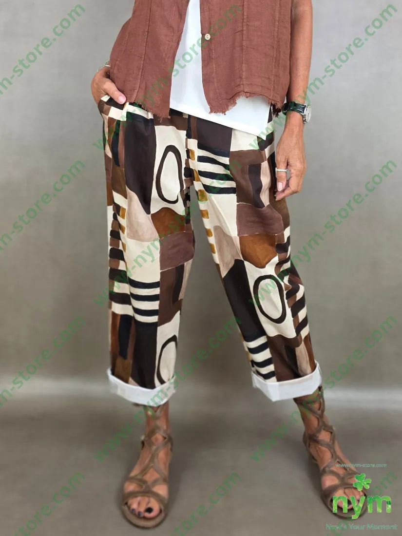 pantalone fantasia astratta tessuto elasticizzato 100co - U / MARRONE / PE26 - PANTALONE