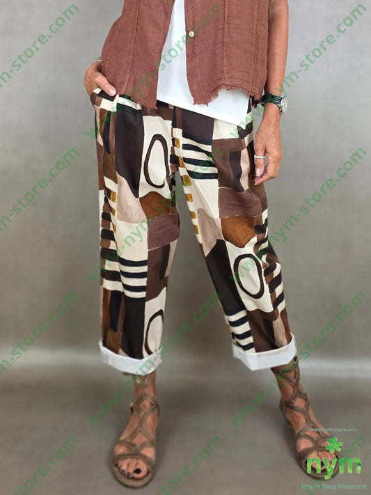 pantalone fantasia astratta tessuto elasticizzato 100co - U / MARRONE / PE26 - PANTALONE