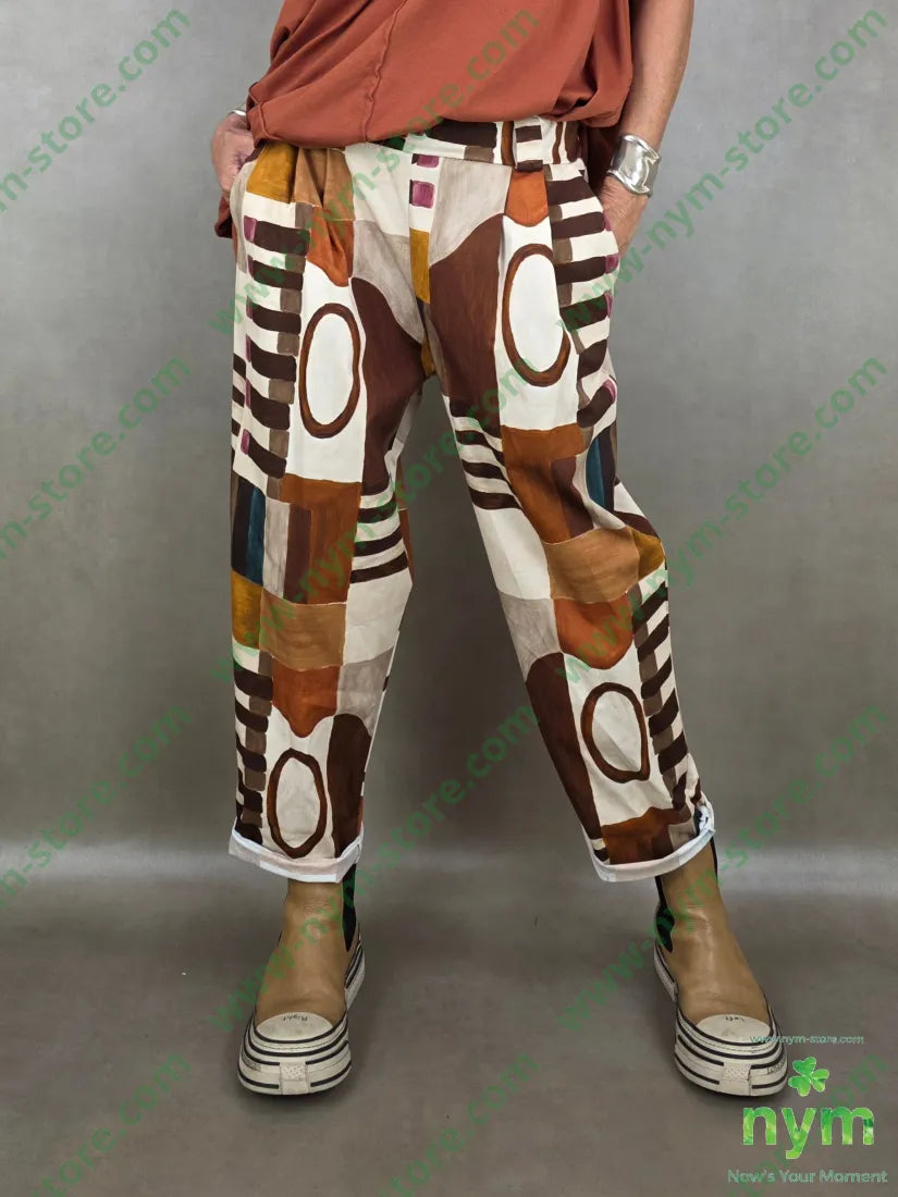 pantalone fantasia astratta tessuto elasticizzato 100co - U / TABACCO / PE26 - PANTALONE