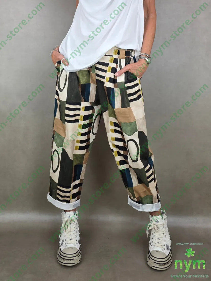 pantalone fantasia astratta tessuto elasticizzato 100co - U / VERDE / PE26 - PANTALONE