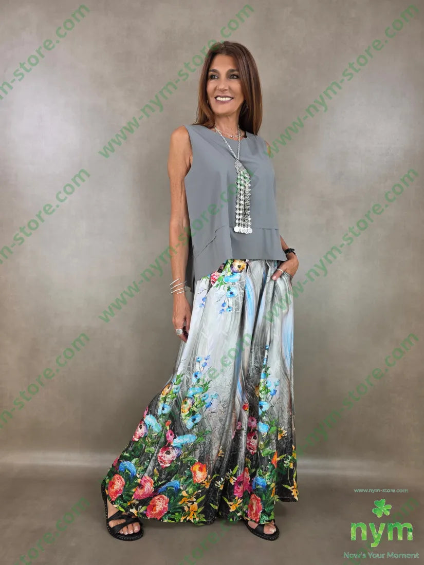 pantalone fantasia palazzo con elastico dto 100tc - PANTALONE