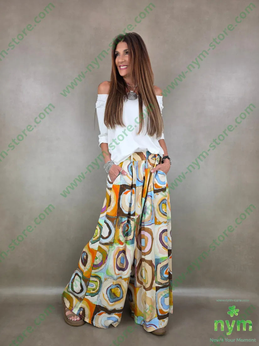 pantalone fantasia palazzo con elastico dto 100tc - PANTALONE