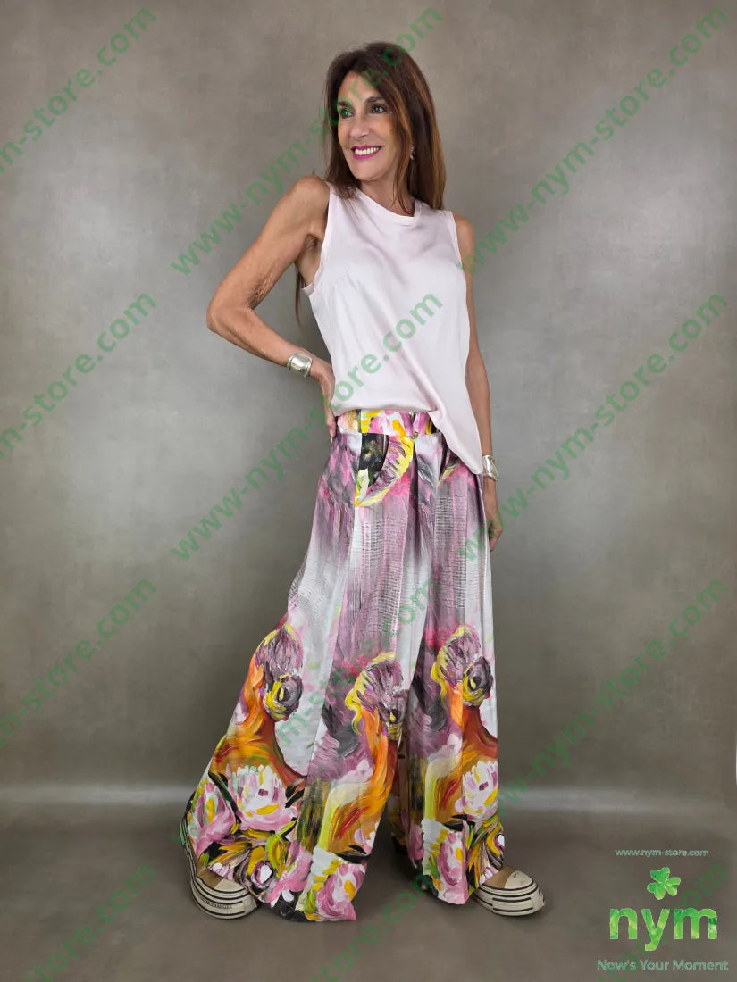 pantalone fantasia palazzo con elastico dto 100tc - PANTALONE