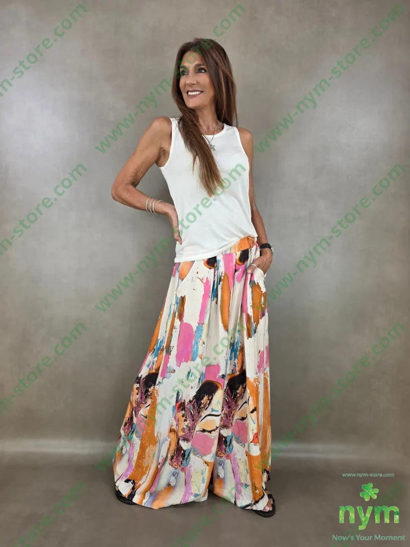 pantalone fantasia palazzo con elastico dto 100tc - PANTALONE