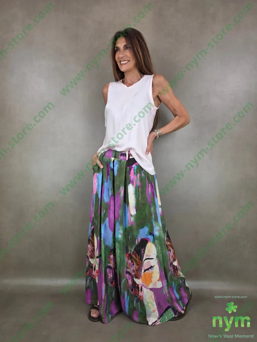 pantalone fantasia palazzo con elastico dto 100tc - PANTALONE