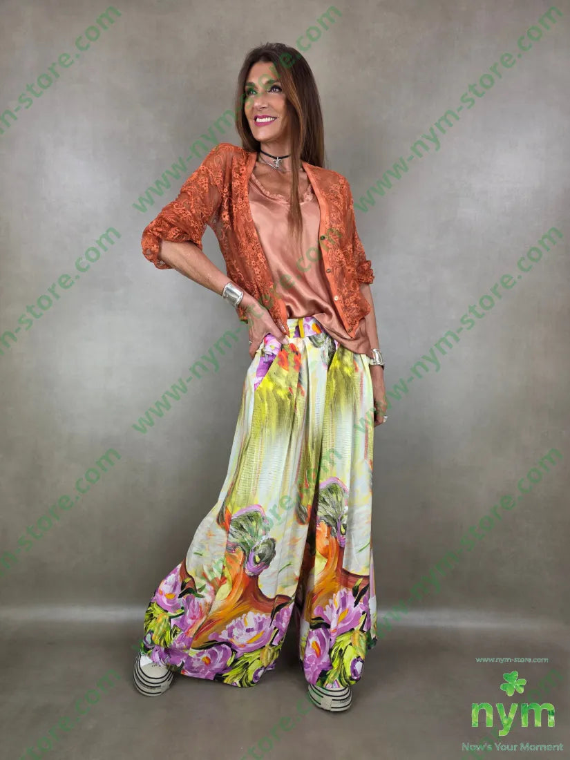 pantalone fantasia palazzo con elastico dto 100tc - PANTALONE