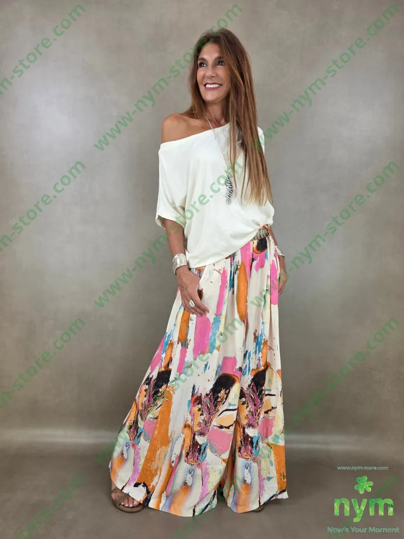pantalone fantasia palazzo con elastico dto 100tc - PANTALONE