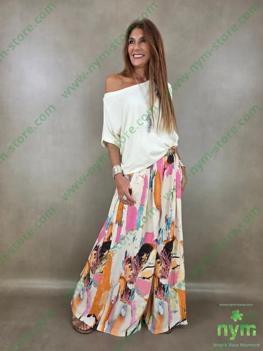 pantalone fantasia palazzo con elastico dto 100tc - PANTALONE