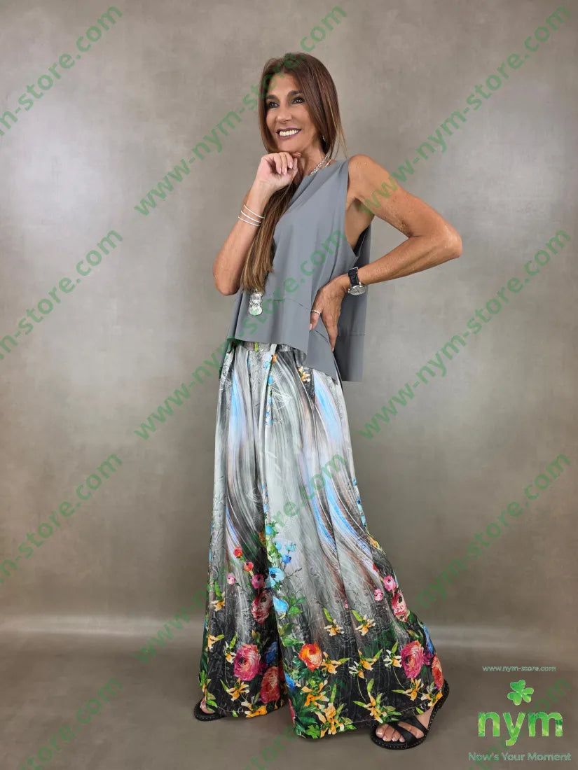 pantalone fantasia palazzo con elastico dto 100tc - PANTALONE