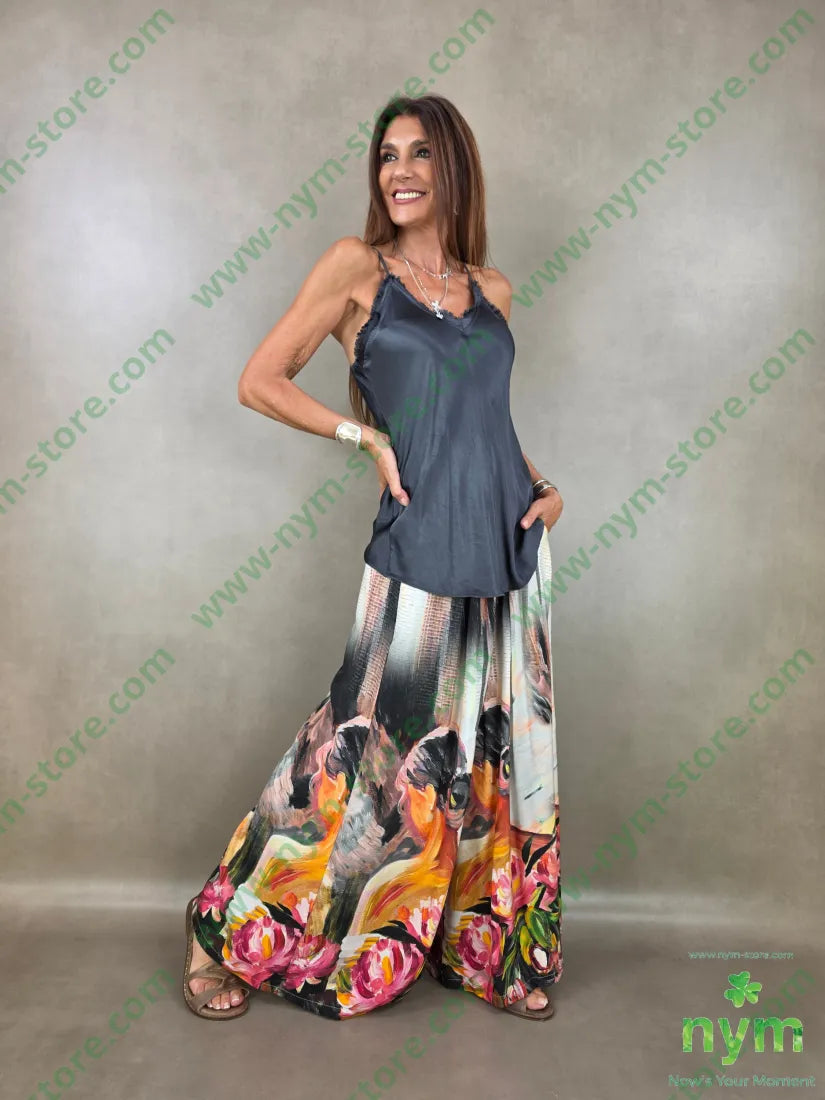 pantalone fantasia palazzo con elastico dto 100tc - PANTALONE