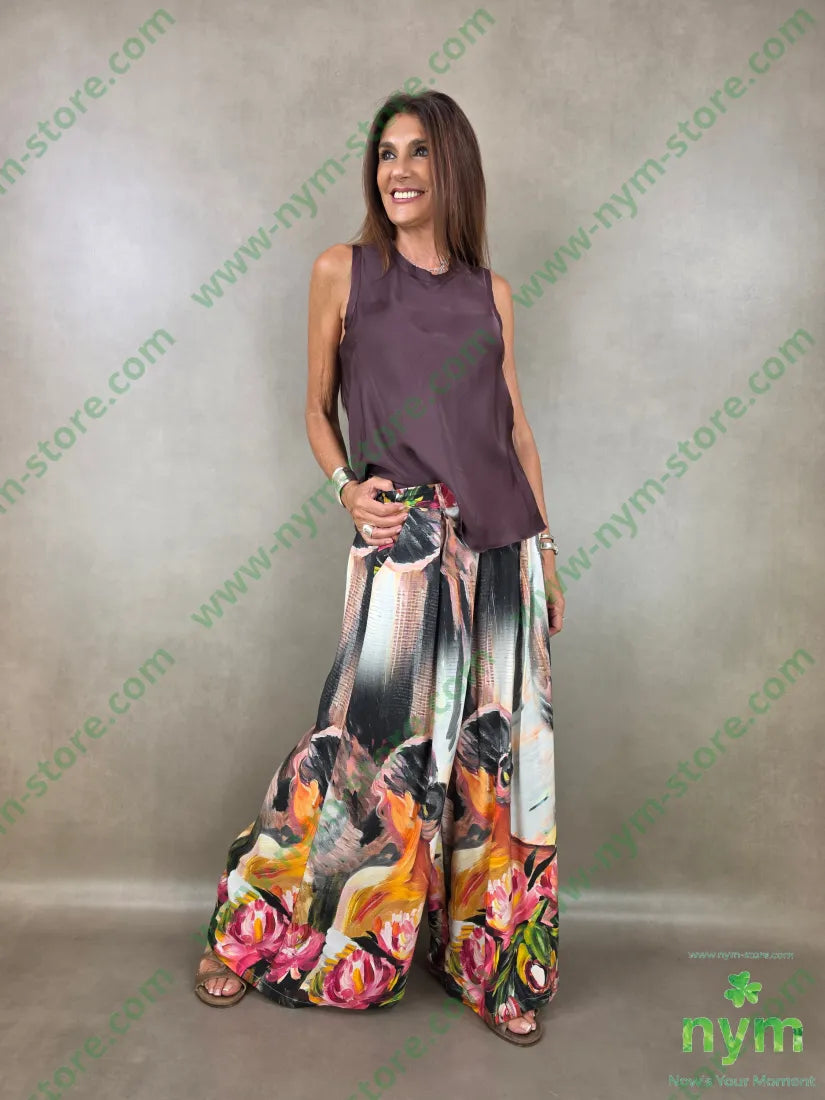 pantalone fantasia palazzo con elastico dto 100tc - PANTALONE
