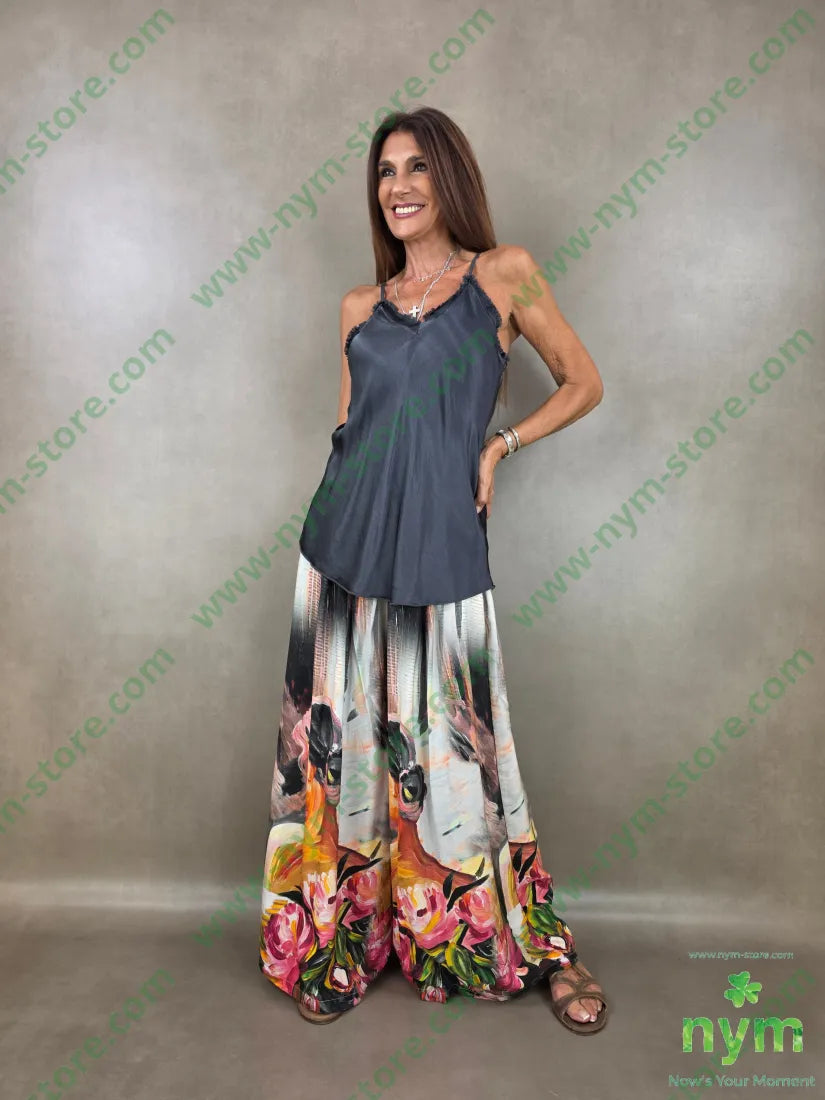 pantalone fantasia palazzo con elastico dto 100tc - PANTALONE