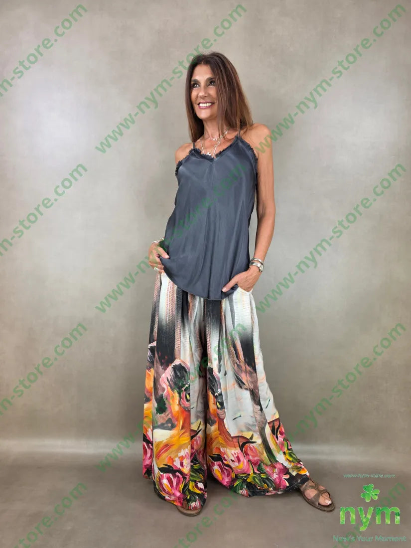pantalone fantasia palazzo con elastico dto 100tc - PANTALONE
