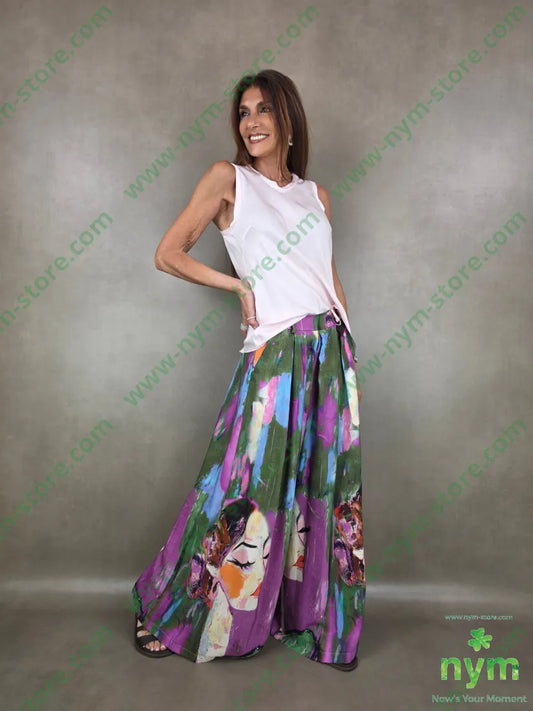 pantalone fantasia palazzo con elastico dto 100tc - PANTALONE