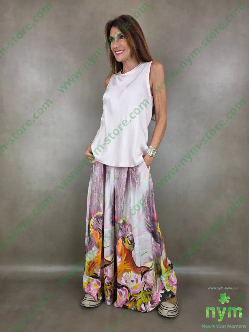 pantalone fantasia palazzo con elastico dto 100tc - PANTALONE