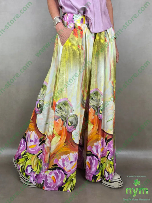 pantalone fantasia palazzo con elastico dto 100tc - U / LIME / PE26 - PANTALONE