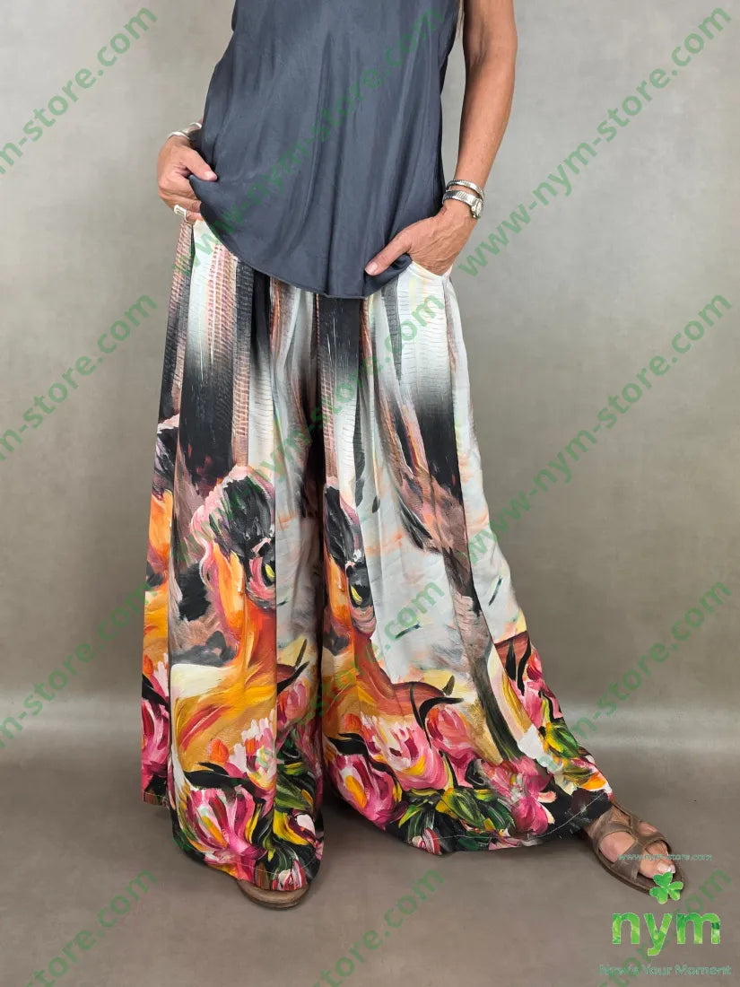 pantalone fantasia palazzo con elastico dto 100tc - U / NERO / PE26 - PANTALONE