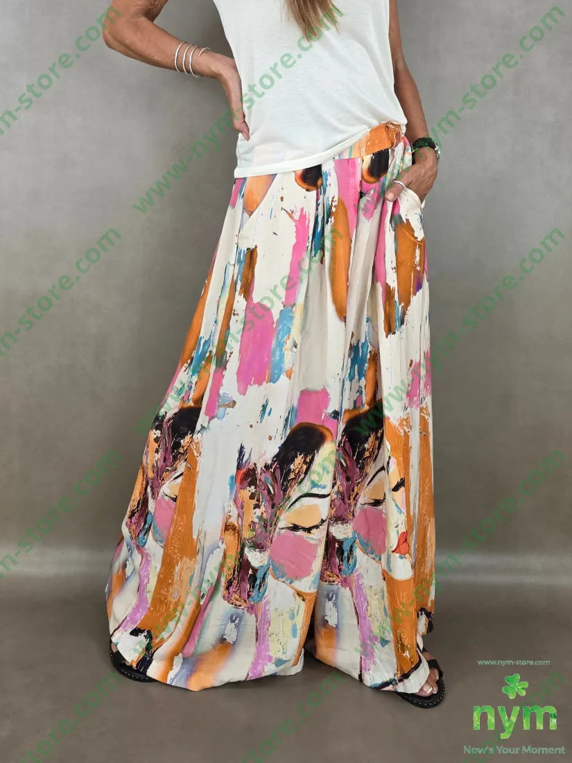 pantalone fantasia palazzo con elastico dto 100tc - U / RUGGINE / PE26 - PANTALONE