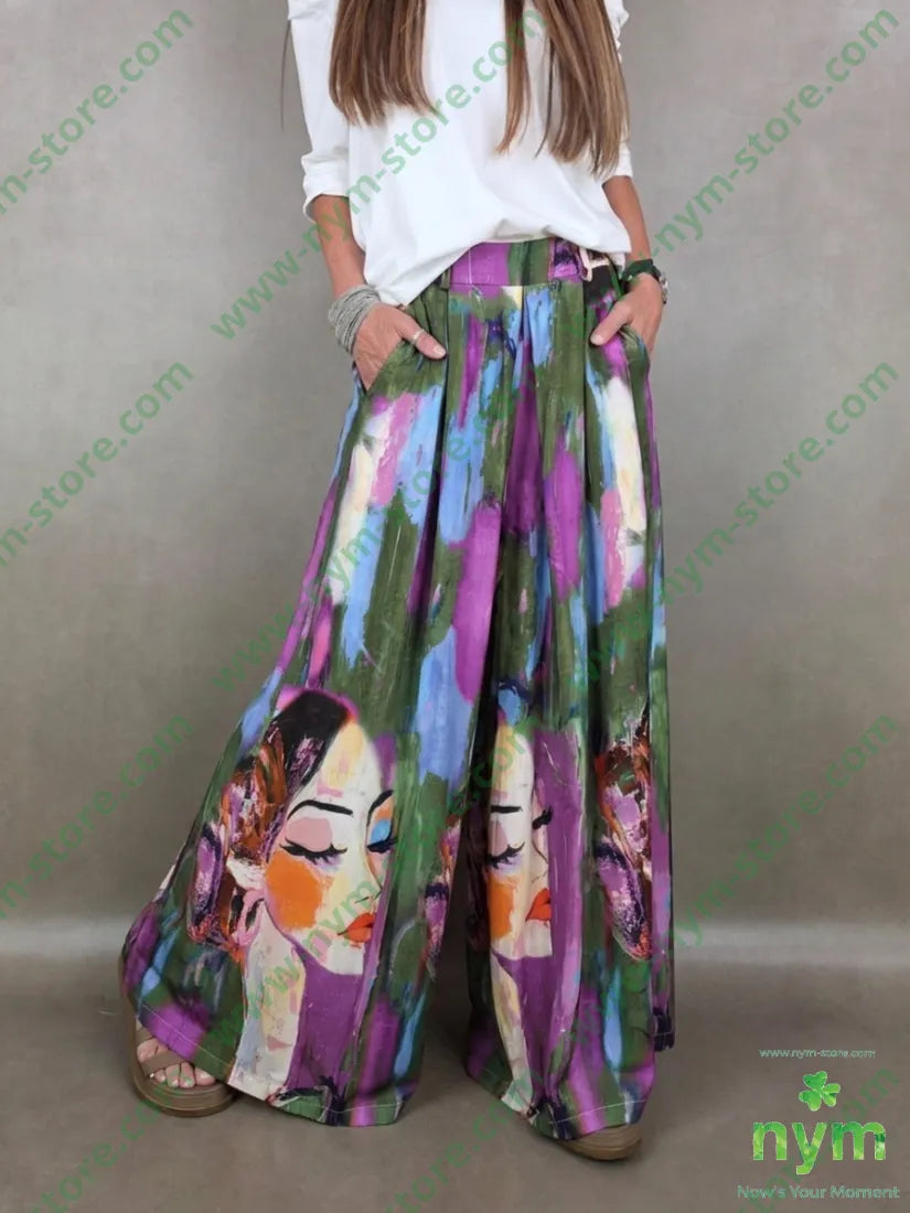 pantalone fantasia palazzo con elastico dto 100tc - U / VERDE / PE26 - PANTALONE