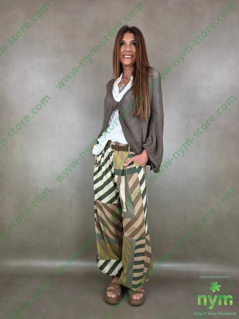 pantalone fantasia riga ela fondo 100co - U / VERDE / PE26 - PANTALONE