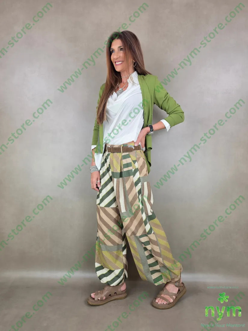 pantalone fantasia riga ela fondo 100co - U / VERDE / PE26 - PANTALONE