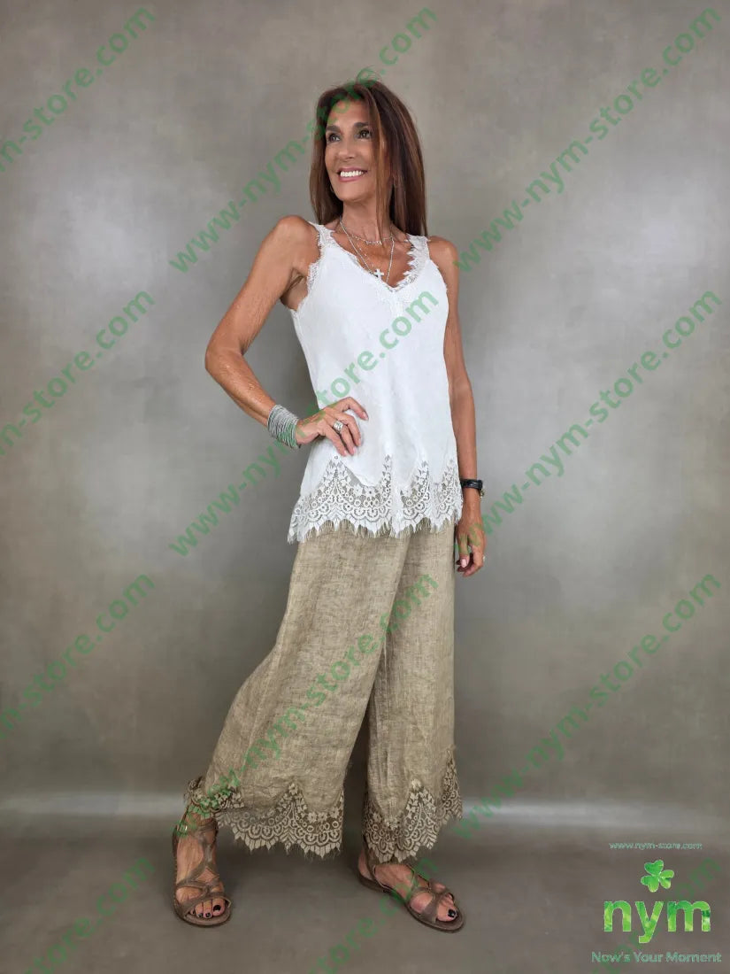 pantalone lino pizzo ondulato 100li - PANTALONE