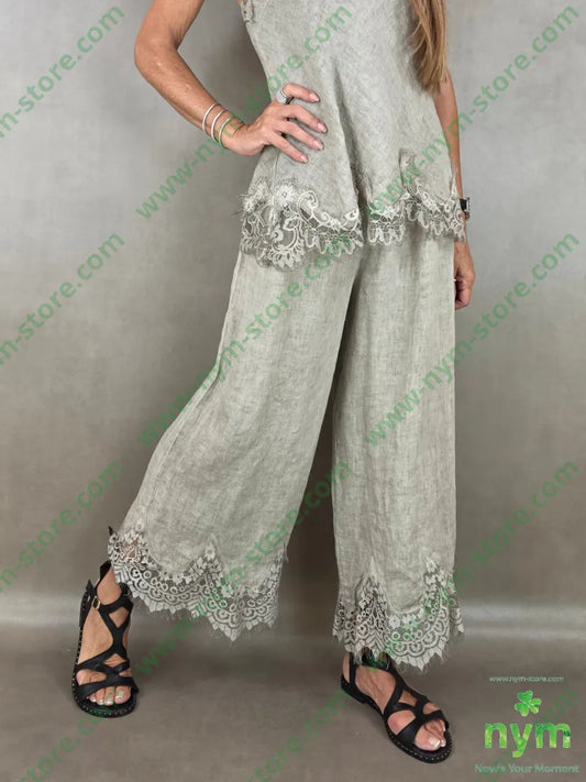 pantalone lino pizzo ondulato 100li - U / BEIGE / PE26 - PANTALONE