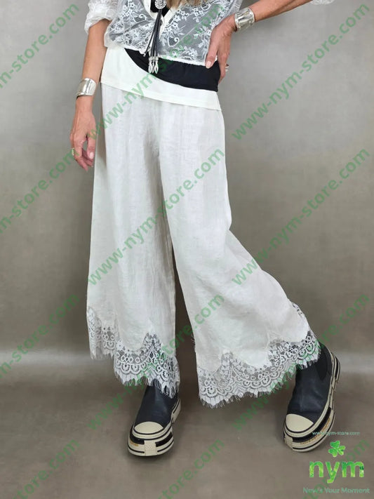 pantalone lino pizzo ondulato 100li - U / PANNA / PE26 - PANTALONE