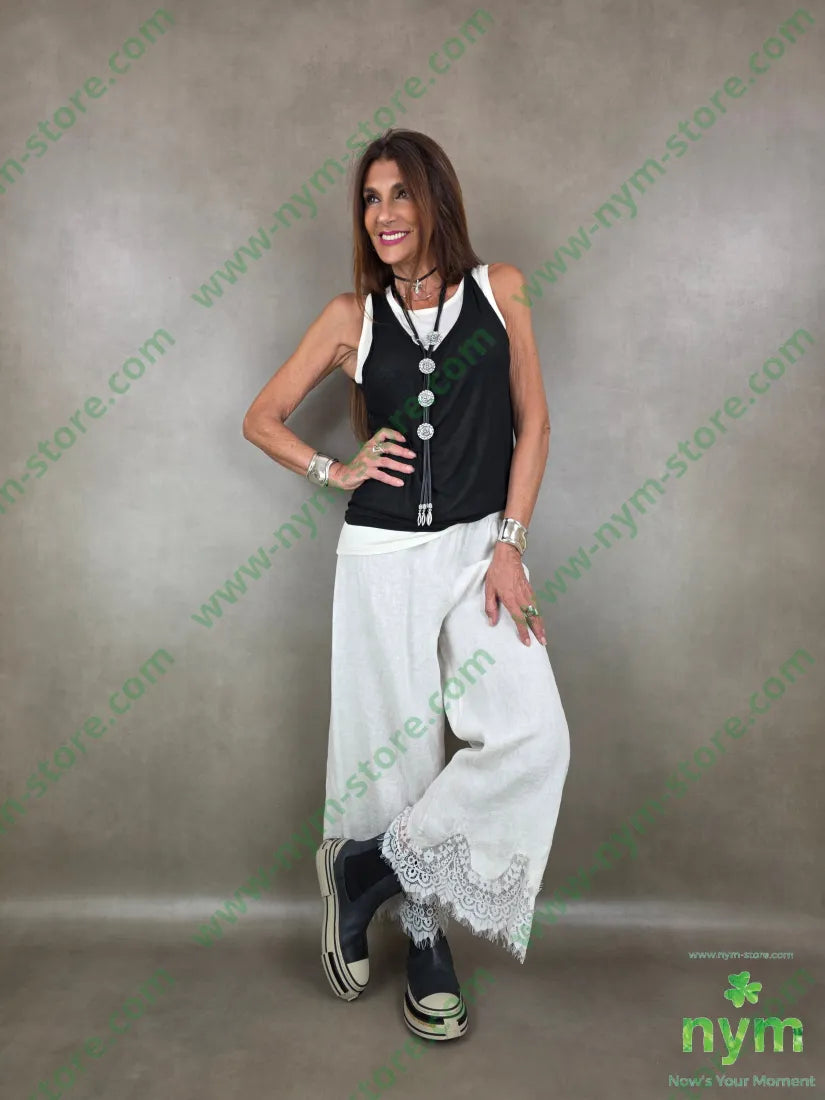 pantalone lino pizzo ondulato 100li - U / PANNA / PE26 - PANTALONE