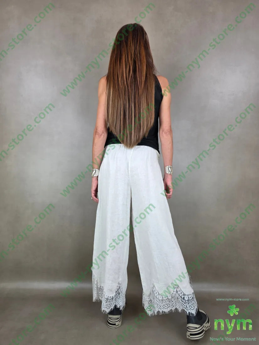 pantalone lino pizzo ondulato 100li - U / PANNA / PE26 - PANTALONE