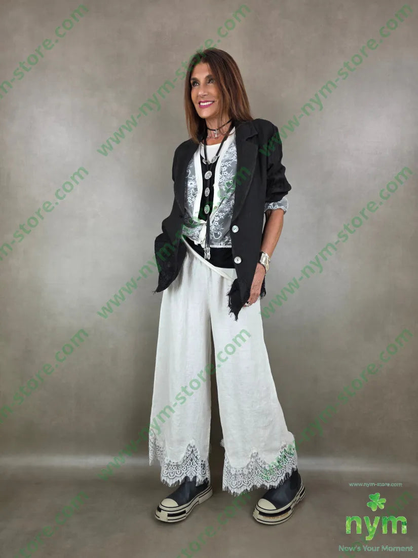 pantalone lino pizzo ondulato 100li - U / PANNA / PE26 - PANTALONE